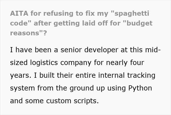 A social media post where a **developer** refuses to fix "spaghetti code" after being fired as a "budget burden."