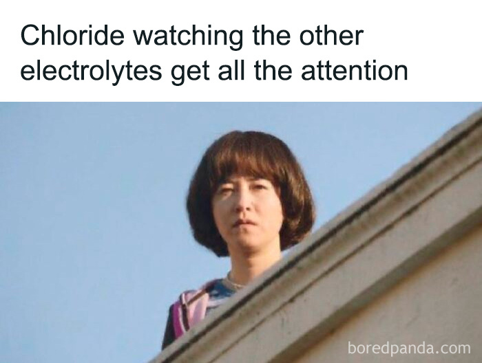 A person's face peaking over a wall with text that reads: Chloride watching the other electrolytes get all the attention. Medical memes for doctors.