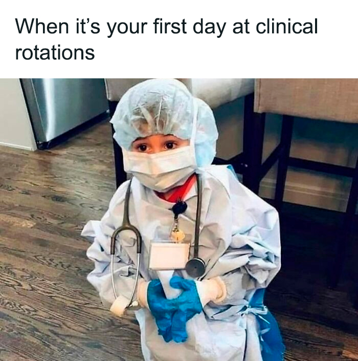 A child in oversized scrubs, surgical cap, and mask, holding a stethoscope, representing medical memes for doctors.