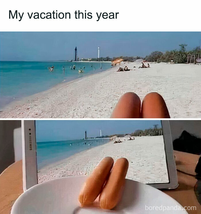 A travel meme showing fake legs (hot dogs) enjoying a beach scene on a tablet, a humorous take on being stuck at a desk.