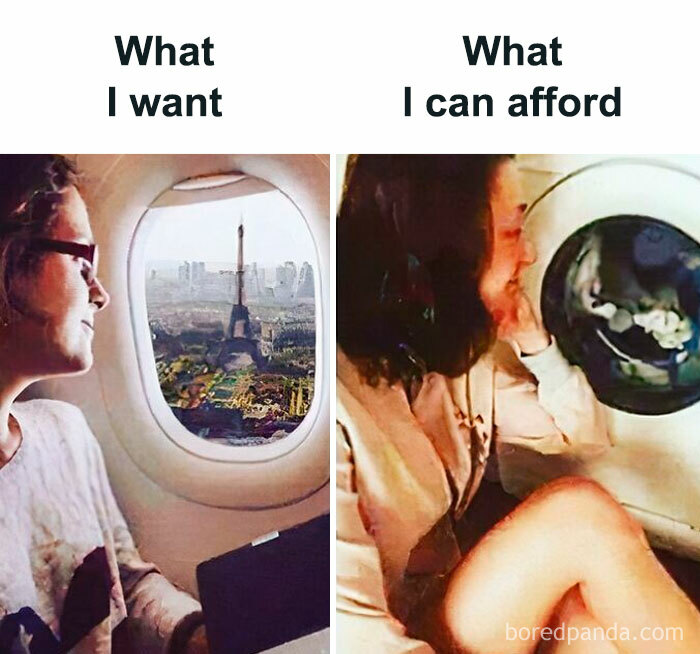 A split image. Left: a woman looking at the Eiffel Tower from a plane window. Right: a woman looking into a washing machine. Travel memes.