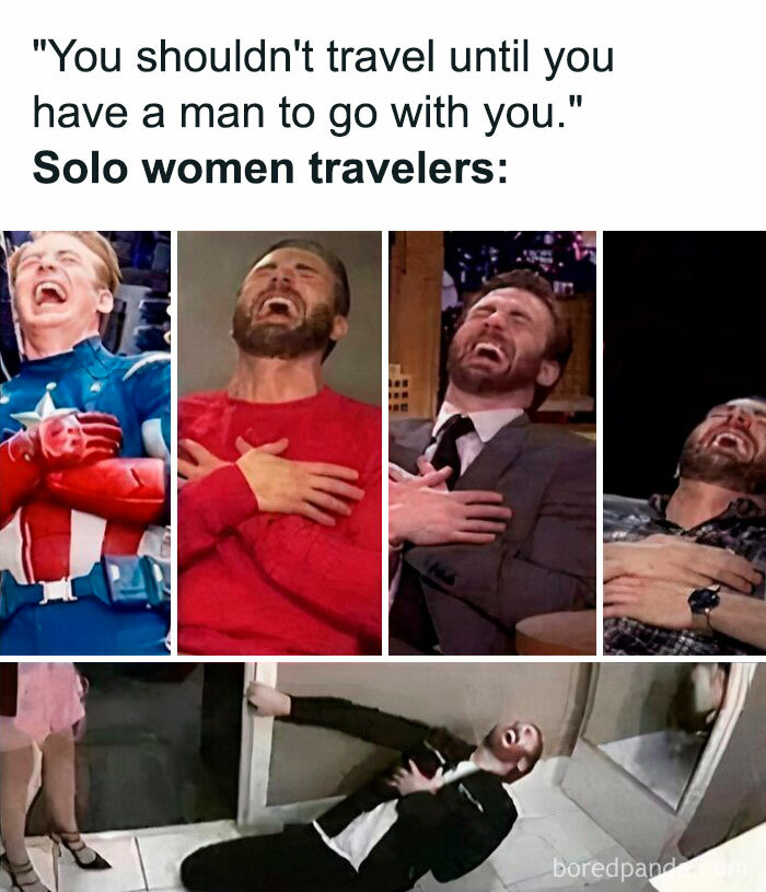 A travel meme with Chris Evans laughing hysterically at the idea of solo women travelers needing a man.