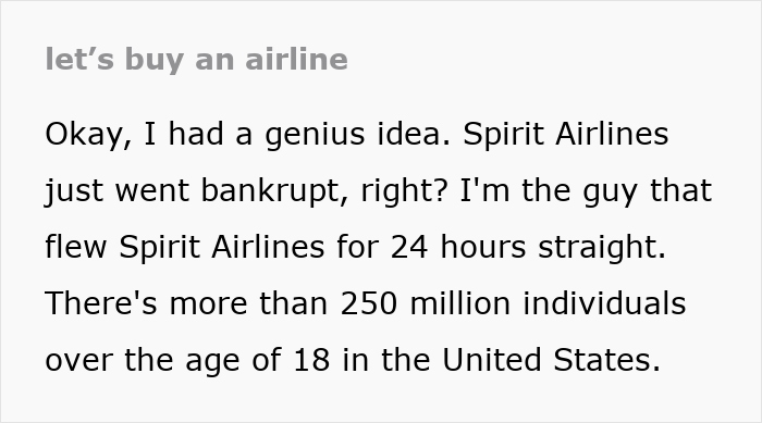 Text shows a joke about buying Spirit Airlines after it went bankrupt. The man's joke led to the site crashing.