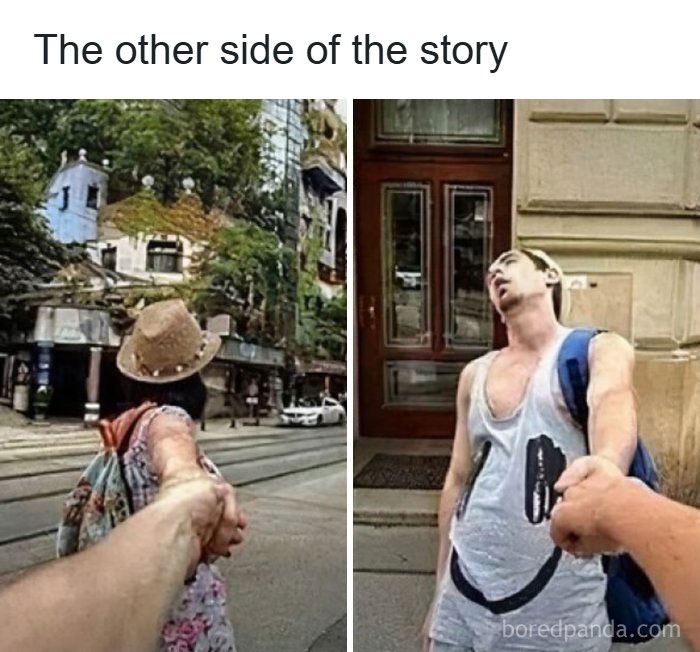 Funny travel memes showing follow-me-to photos: one woman leading, one man being dragged. Relatable travel humor.
