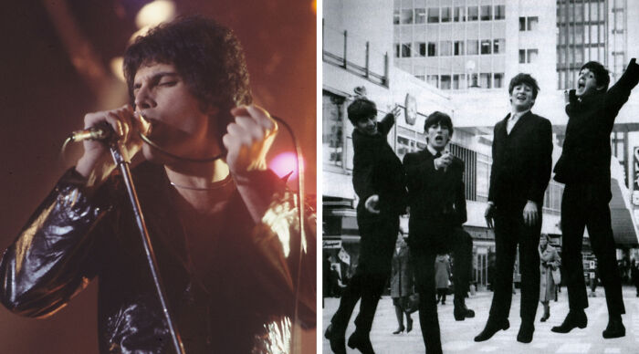 Freddie Mercury singing and The Beatles jumping. Test your taste in music with our 'This Or That' questions.