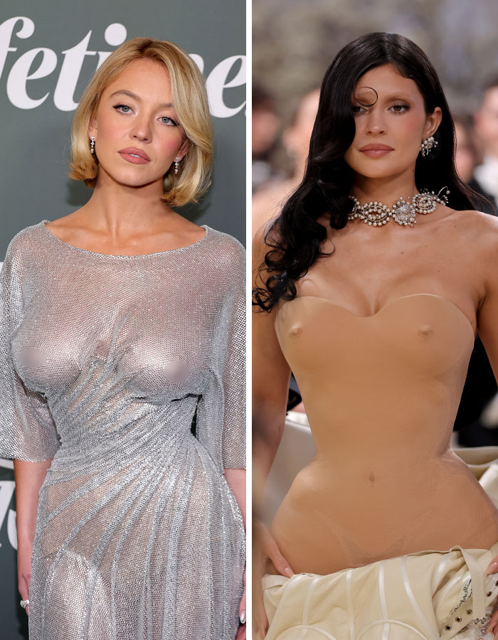 Two celebrities in bizarre fashion trends of 2026. One in a sheer dress, another in a n**e sculpted gown.