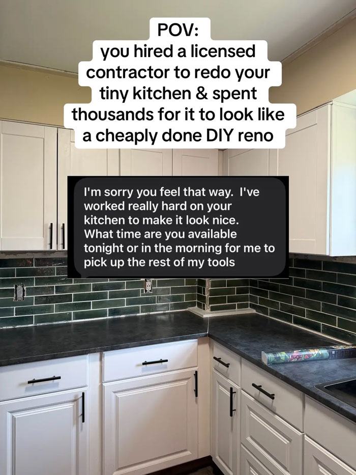 A POV image of a contractor's poorly done kitchen renovation. The expensive contractor left the home with cheap looking results.