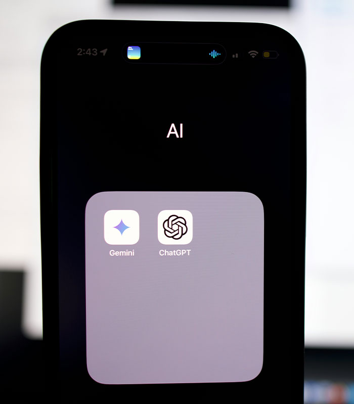 A smartphone screen displaying AI apps Gemini and ChatGPT, hinting at a relationship's downfall due to ChatGPT's scandalous history.