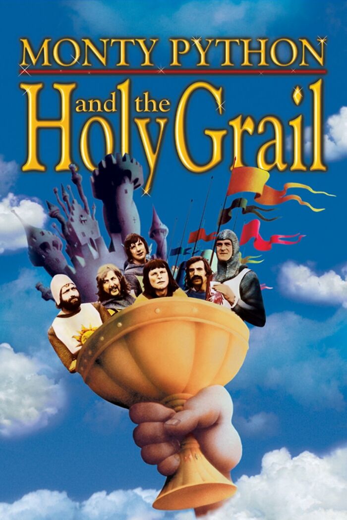 Monty Python and the Holy Grail movie poster with knights and a golden grail