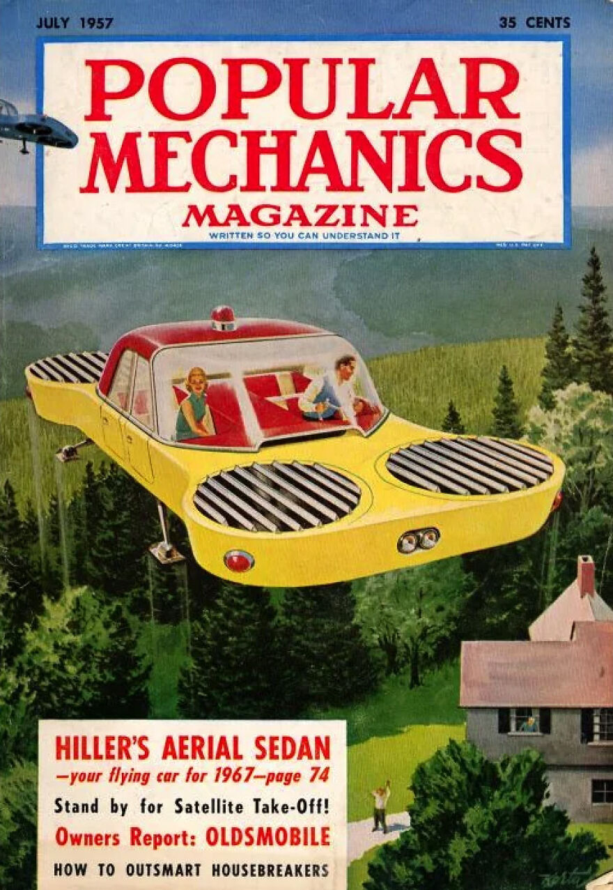 1957 Popular Mechanics cover featuring futuristic flying car concept