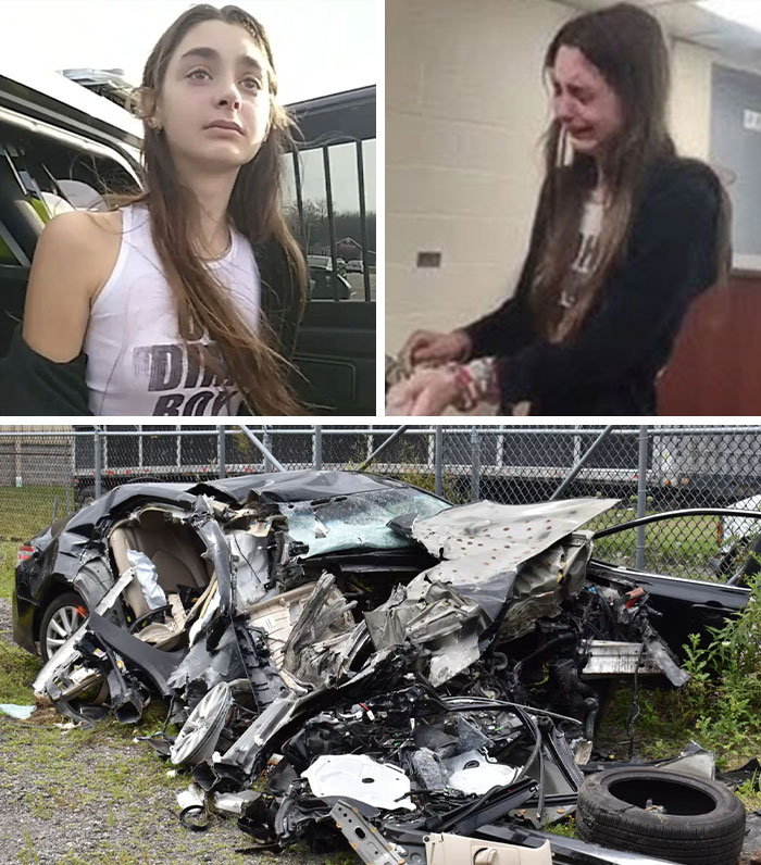 Collage of Mackenzie Shirilla showing emotional distress and crashed car