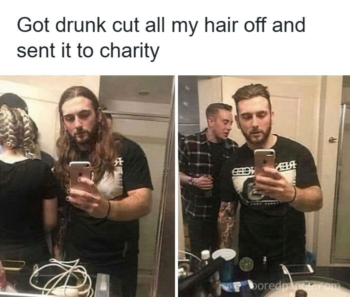 Before and after photos of a man who cut his long hair and donated it to charity