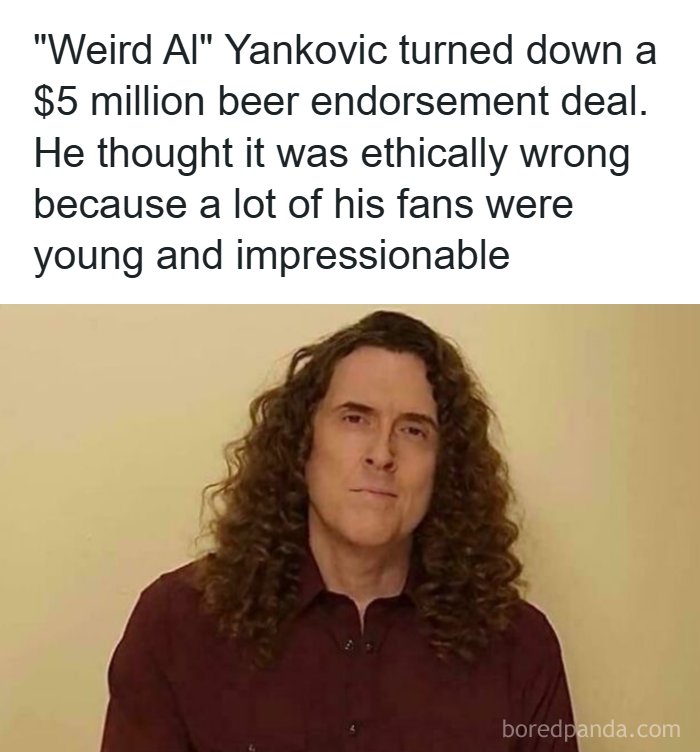 Portrait of Weird Al Yankovic who declined a $5 million beer endorsement for ethical reasons