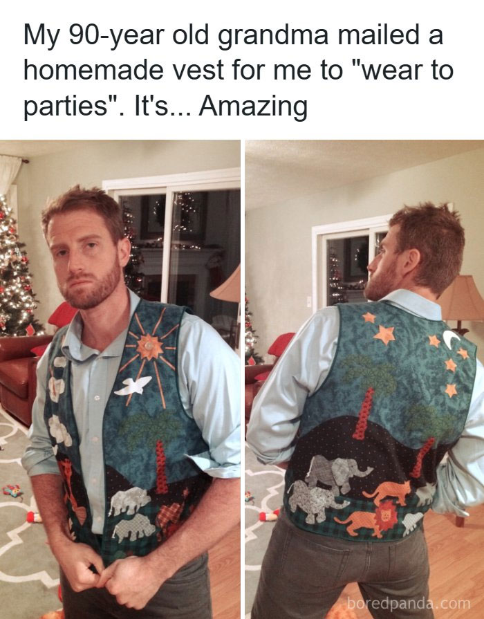 Man models homemade vest gifted by his 90-year-old grandma