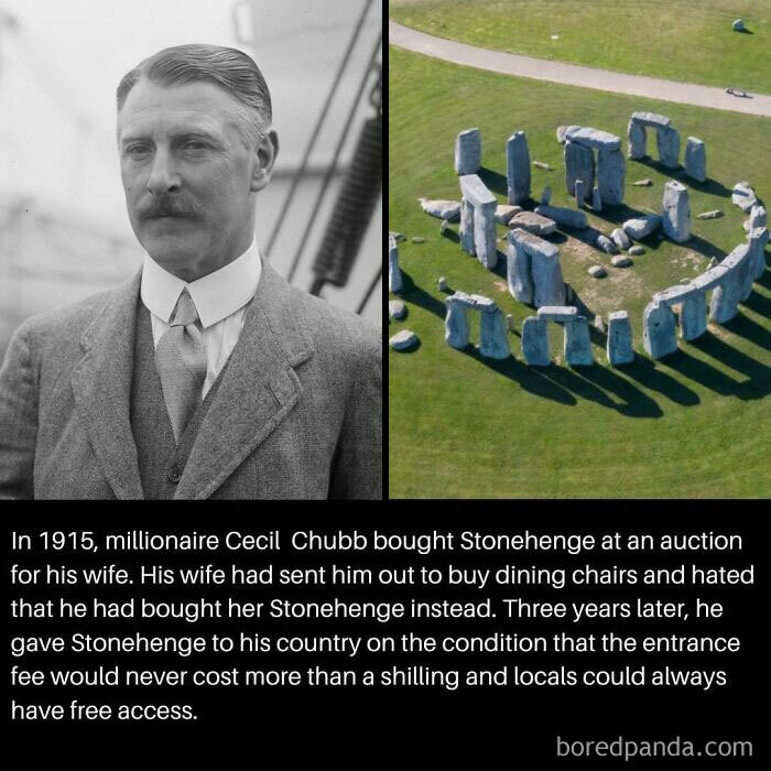 Photo of millionaire Cecil Chubb and aerial view of Stonehenge with historical note