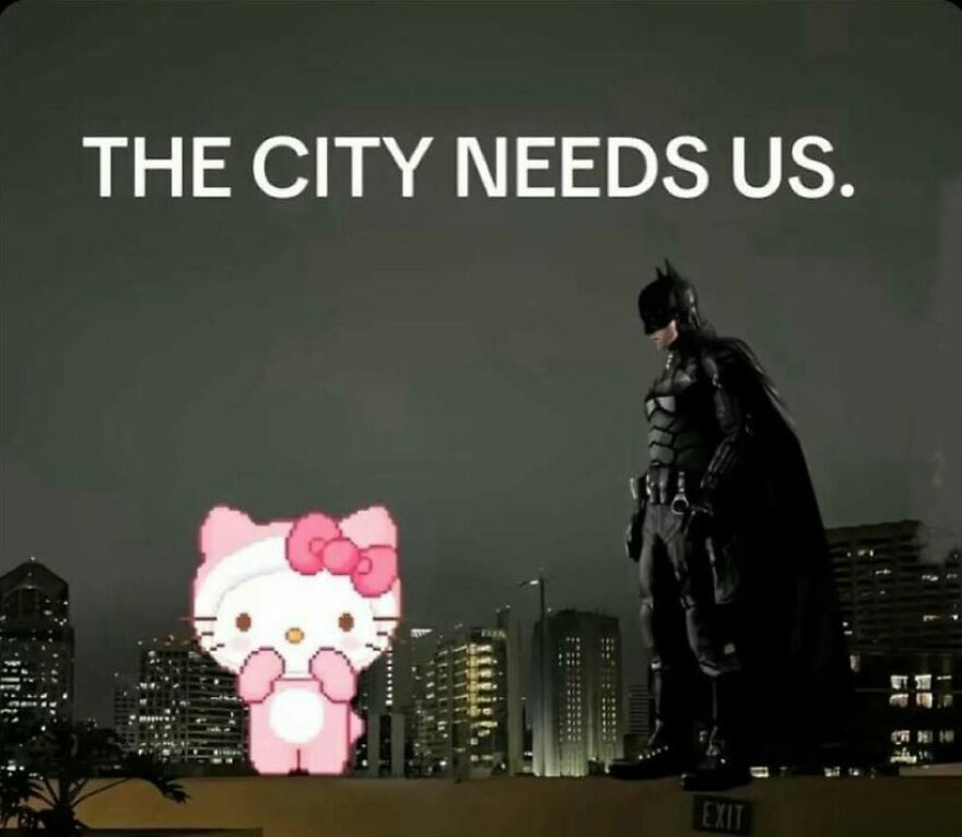 Batman and Hello Kitty together with city skyline in unhinged posts