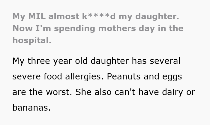 Text post about MIL ignoring grandkids allergies, leading to the childs ER visit. The post details severe food allergies.