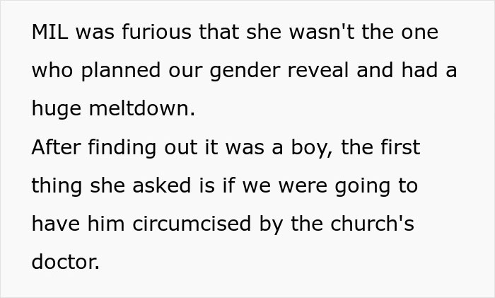 Text about a furious MIL, gender reveal, and questions about grandchild's circumcision.