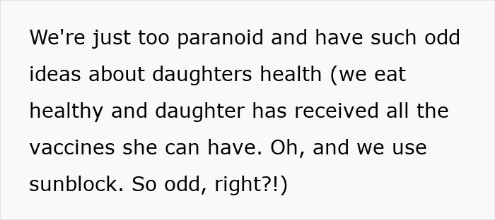 Text from an online post about a MIL and grandkids allergies, discussing parental care: healthy eating, vaccines, and sunblock.