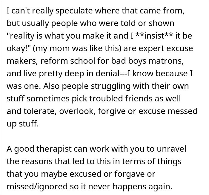 Reflection on denial, excusing behavior, and therapy benefits