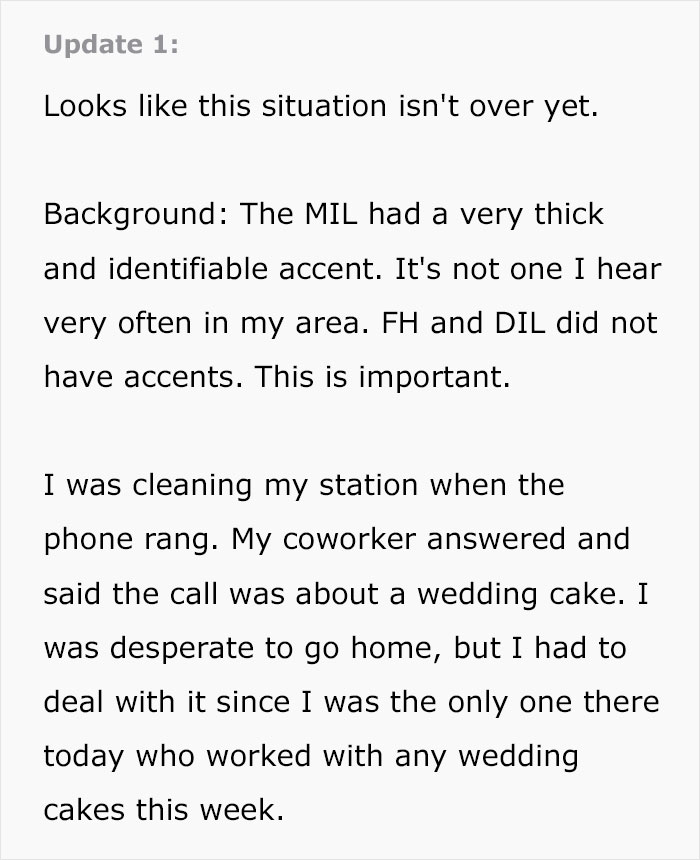 Text update about a tricky wedding cake call with a mother-in-law's thick accent Text update about a tricky wedding cake call with a mother-in-law's thick accent