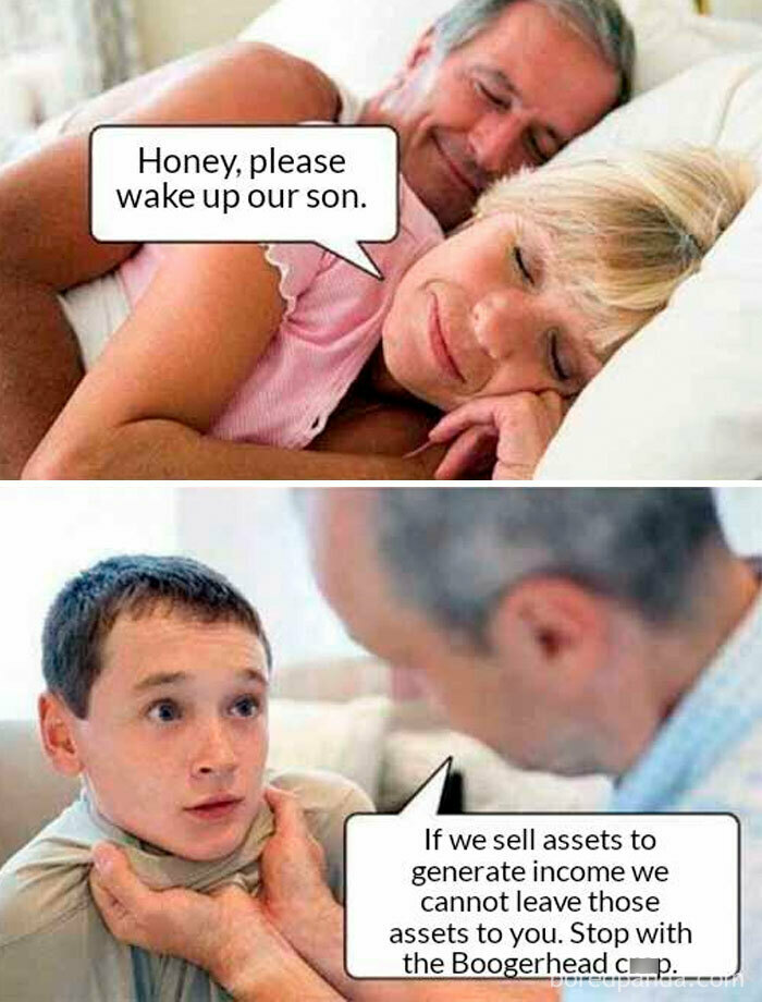 A funny math meme about a son struggling with math, depicting parents asking him to wake up, and the dad explaining finances.