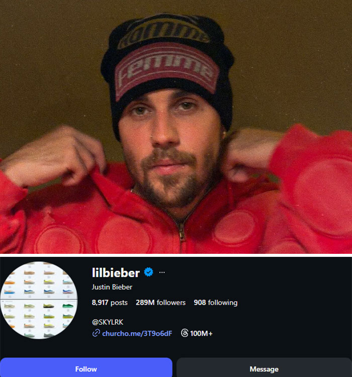 Justin Bieber in a beanie and red hoodie, with his Instagram profile showing 289M followers. Celebrities who lost followers after bot purge.