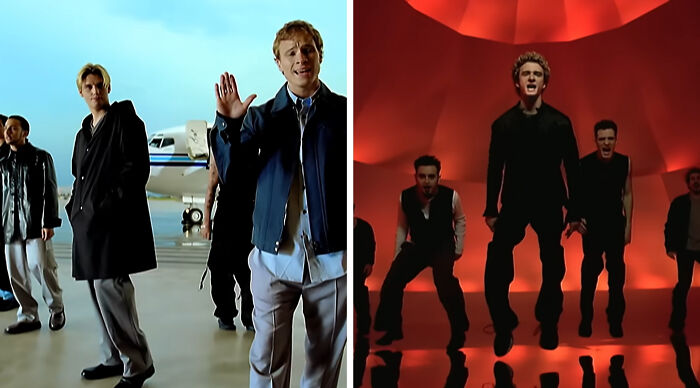Two images of boy bands. Left: men outside a jet. Right: men in a red room. Compare your taste in music.