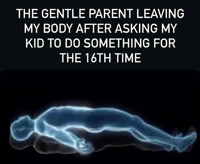 Meme showing gentle parent leaving body after repeatedly asking kid