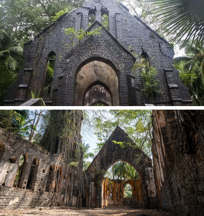 Abandoned stone church facade overgrown with plants in nature's memorial