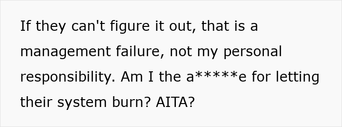 Text on a white background, asking if letting a system break is a "management failure" or personal responsibility, relating to the developer budget burden.