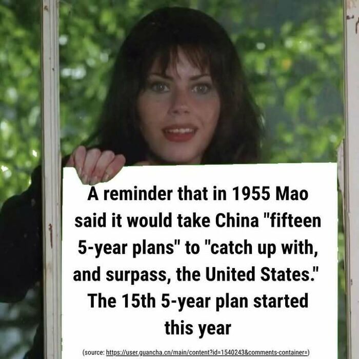 Meme about Mao's fifteen 5-year plans to surpass the United States