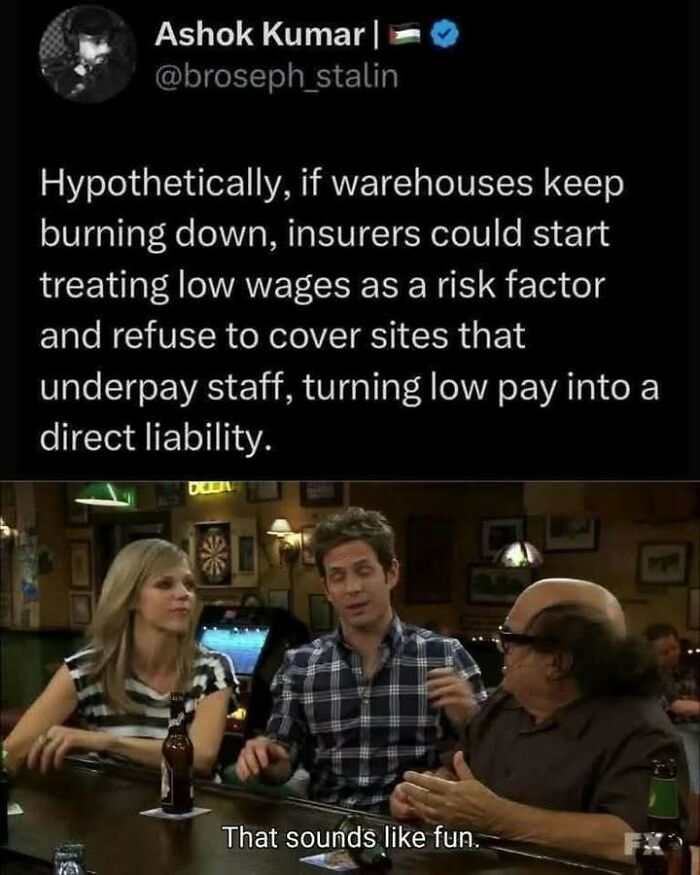 Meme about insurers treating low wages as a risk factor after warehouse fires with TV characters' reaction