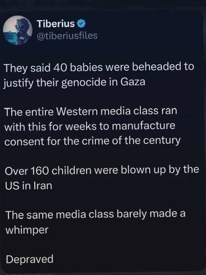 Tweet criticizing media coverage disparity of children harmed in Gaza and Iran