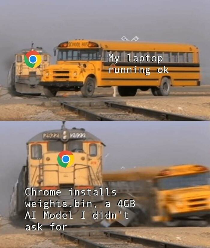Meme showing laptop disrupted by Chrome installing large AI model in strange world posts