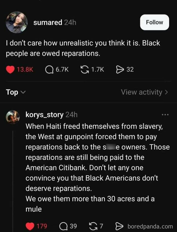 Tweet demanding reparations for Black people and Haiti's forced reparations history