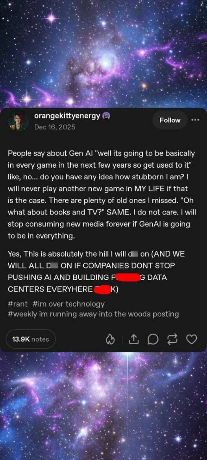 Post expressing frustration with AI integration in media and gaming