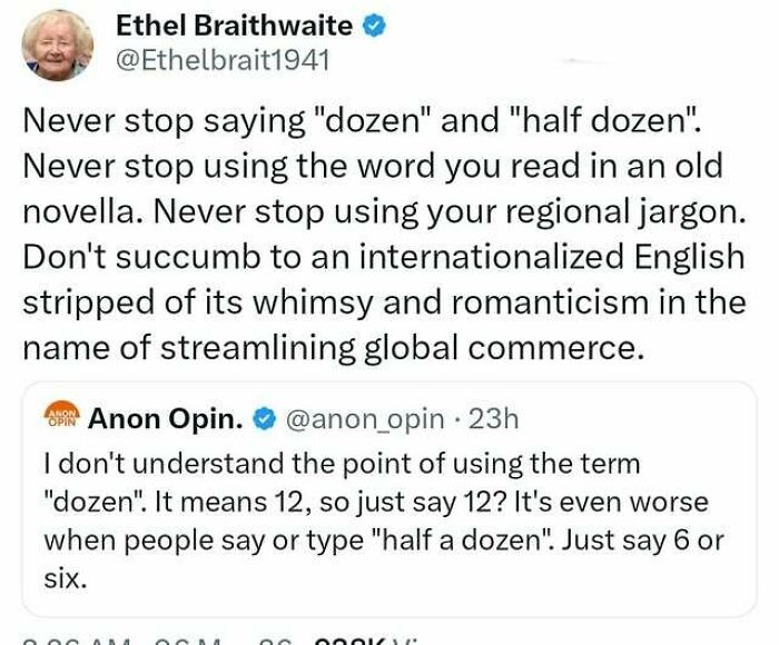 Tweet defending the use of the term dozen in English language