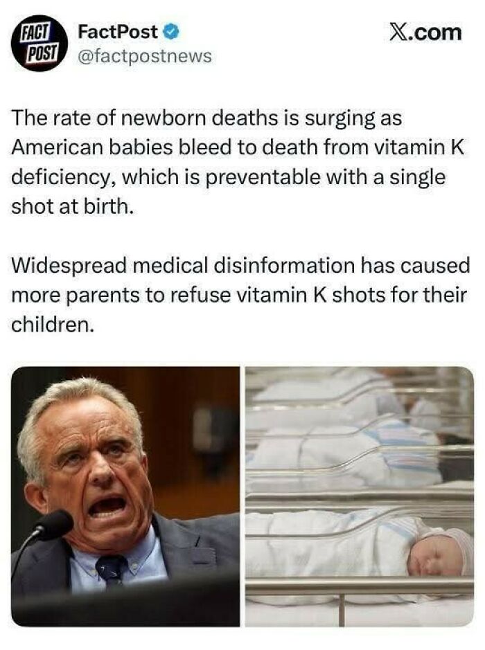 Tweet about rising newborn deaths due to vitamin K refusal in strange world posts