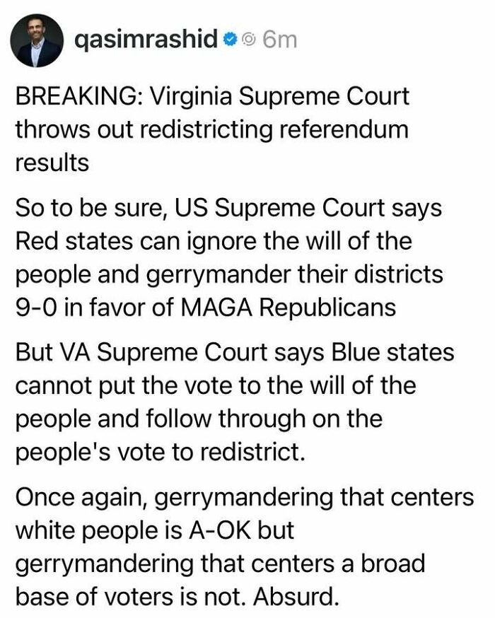 Tweet about Virginia Supreme Court rulings on gerrymandering in strange world posts