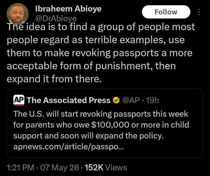 Tweet on U.S. policy to revoke passports for parents owing large child support debts