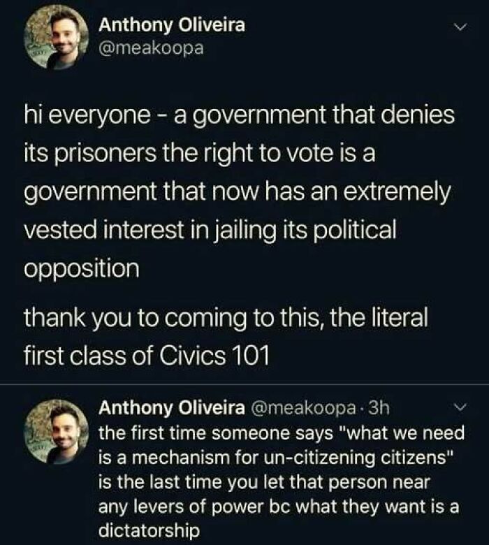 Tweet on government denying prisoners the right to vote linking to political oppression
