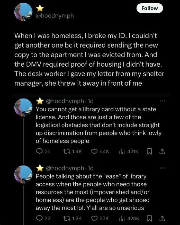 Twitter thread on homeless individuals facing barriers to ID and library access