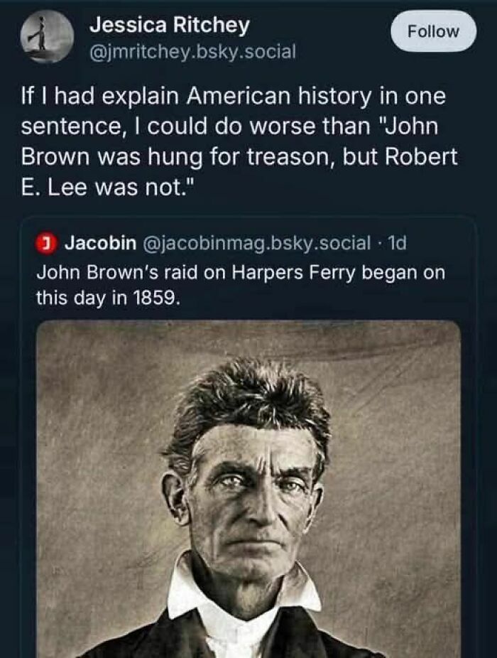 Tweet summarizing American history with John Brown and Robert E Lee in strange world posts