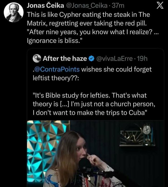 Tweet about leftist theory with woman speaking into microphone