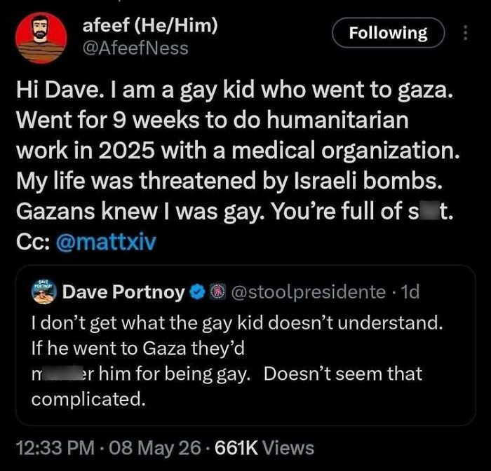 Tweet from gay kid about humanitarian work in Gaza and Israeli bombs threat