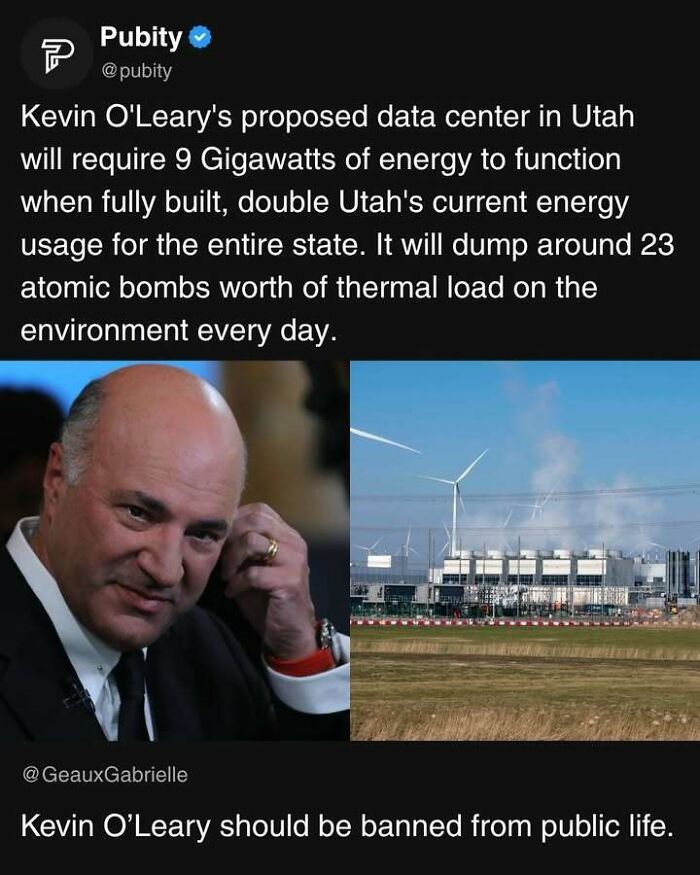 Tweet about Kevin O'Leary's data center energy use and environmental impact in strange world posts