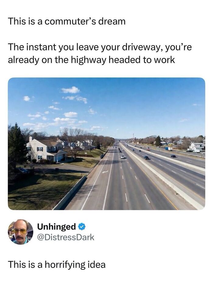 Empty highway beside residential area illustrating commuter dream and highway commute concept