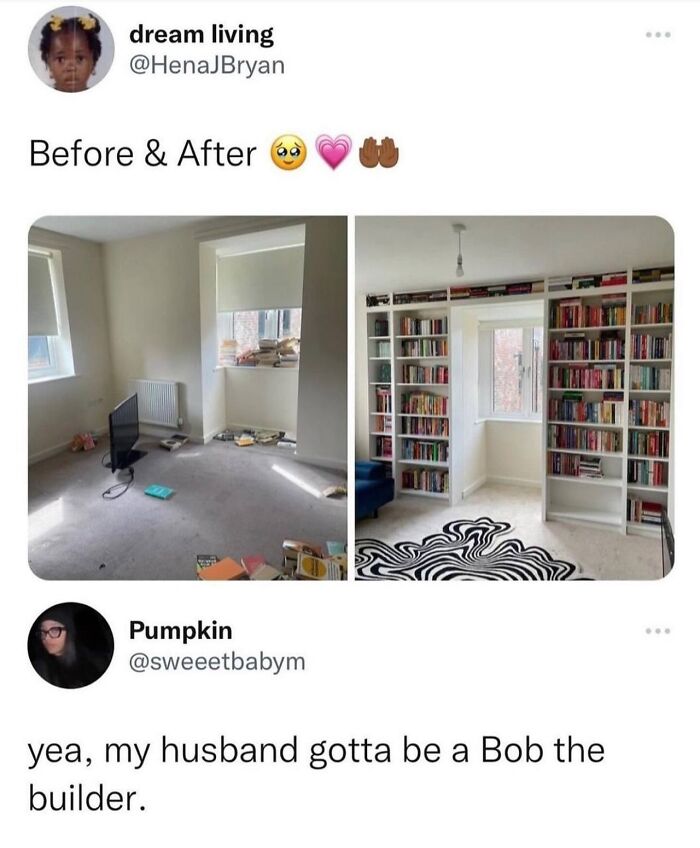 Before and after photos of a room transformed with wall-to-wall bookshelves