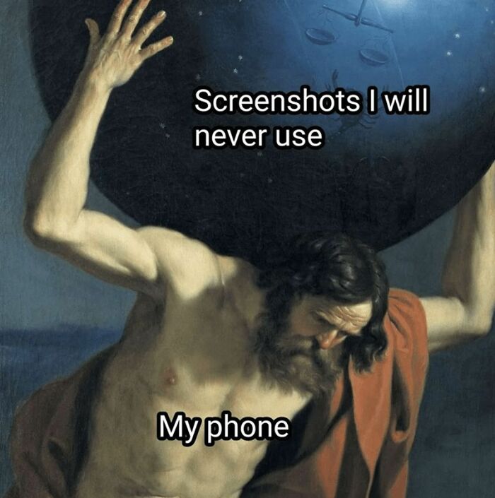 Classical painting meme about unused phone screenshots in catchy memes